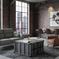 Industrial container coffee table with storage, metal finish design perfect for modern living rooms