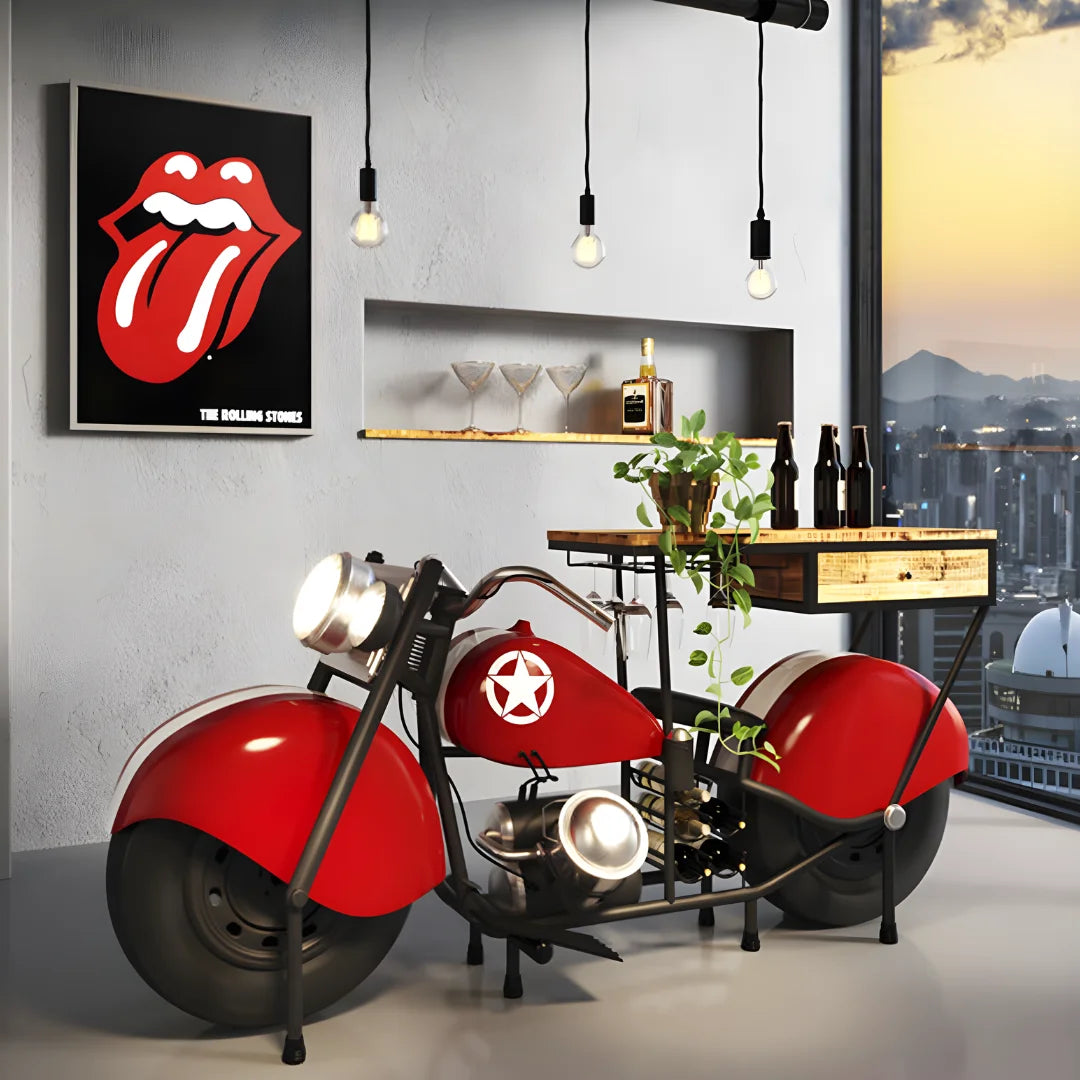 Motorbike bar cabinet with industrial design, wooden finish and storage shelves for bottles and glassware