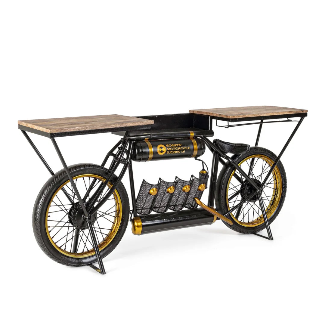 Motorcycle bar console table with wooden top and metal body, perfect for home bar and stylish interiors