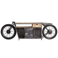 Stylish motorcycle bar furniture with wooden finish and built-in storage cabinet by Foxfurn for home bars