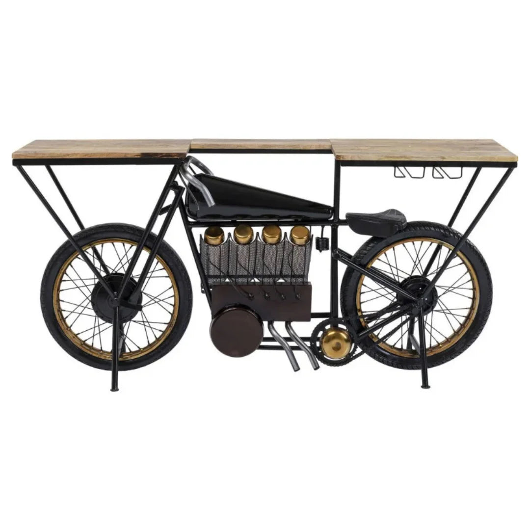 Brough bike wooden bar console table with vintage design and storage, perfect for stylish home bar setup