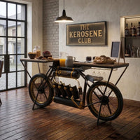 Motorcycle bar console table with wooden top and metal body, perfect for home bar and stylish interiors