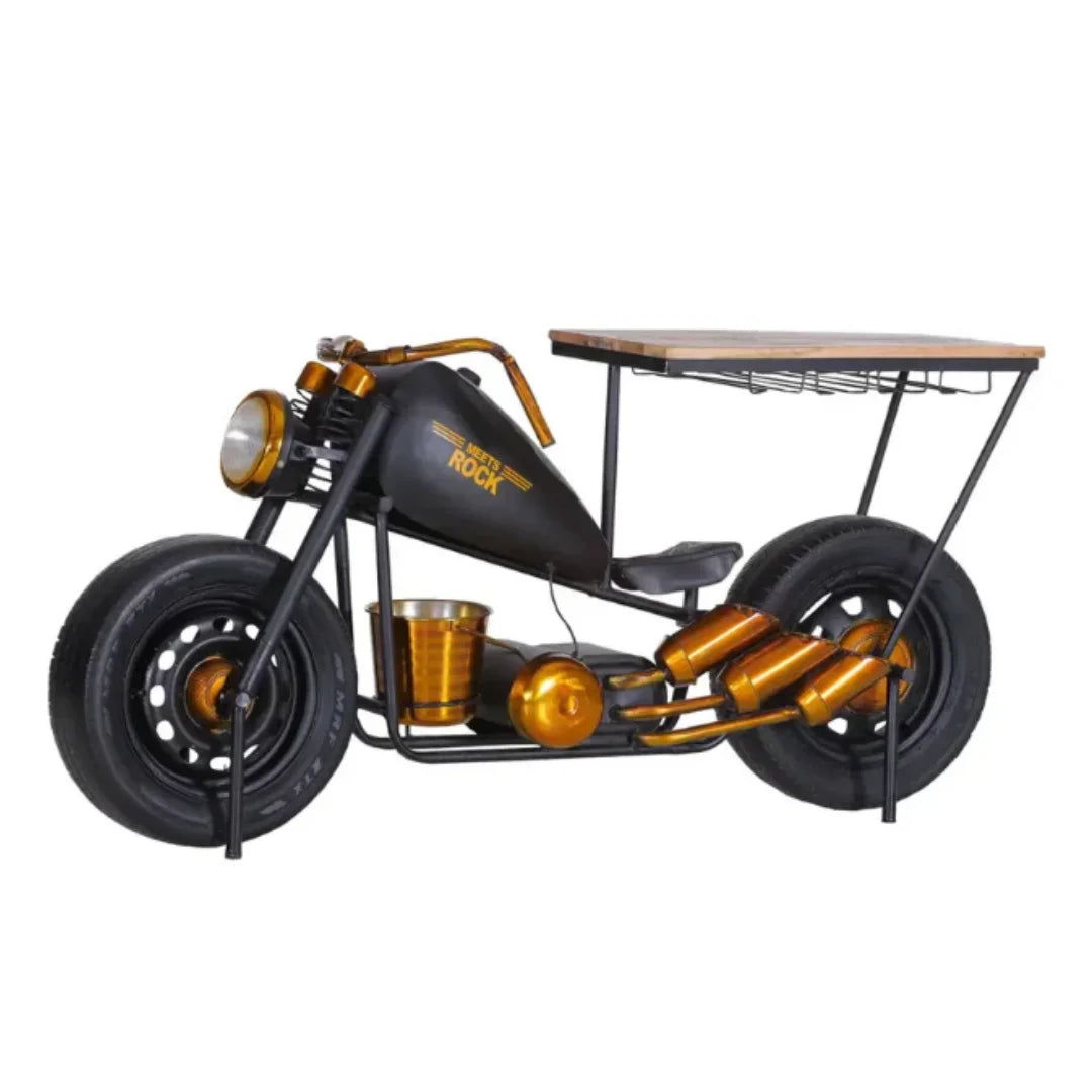 Motorcycle bar console bobber edition with metal body and wooden storage shelves handcrafted by Foxfurn