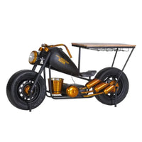 Motorcycle bar console bobber edition with metal body and wooden storage shelves handcrafted by Foxfurn