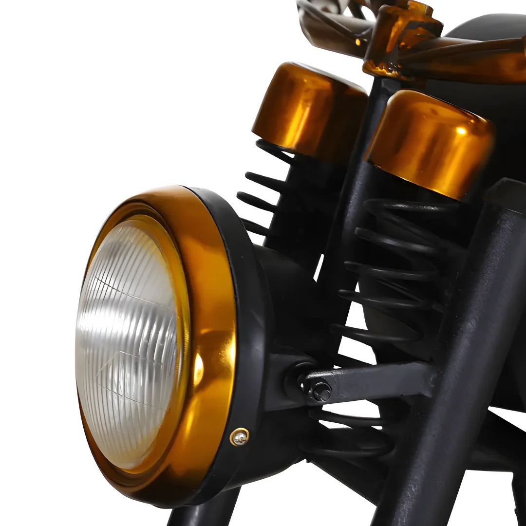 Industrial motorcycle bar console in bobber style with premium wood and iron finish ideal for home bar setup