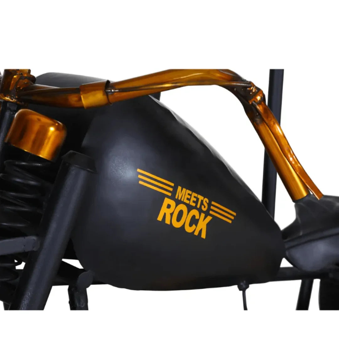 Industrial motorcycle bar console in bobber style with premium wood and iron finish ideal for home bar setup