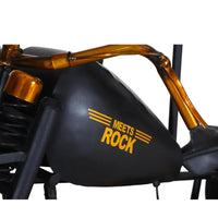 Industrial motorcycle bar console in bobber style with premium wood and iron finish ideal for home bar setup
