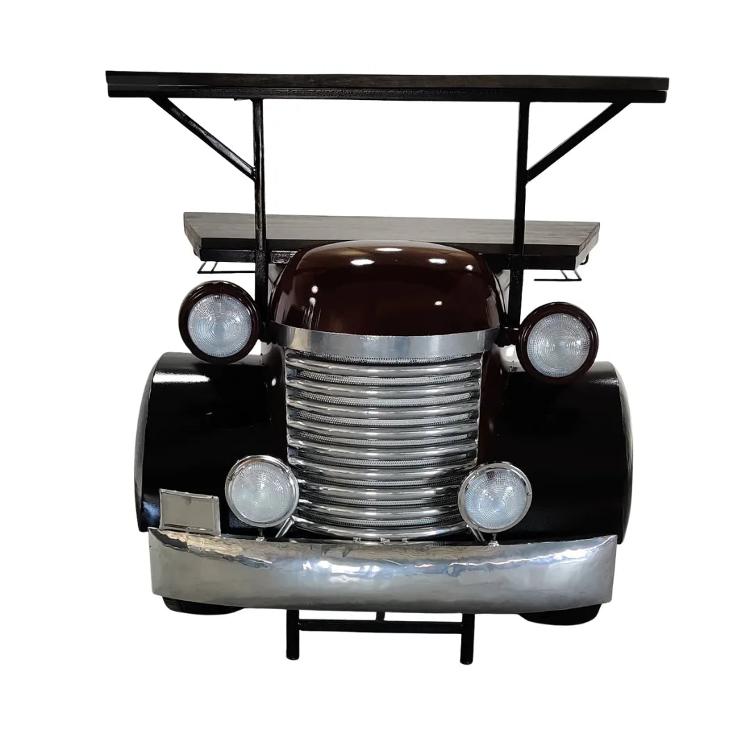 Industrial muscle truck bar cabinet with storage shelves and metal finish design by Foxfurn for home bars
