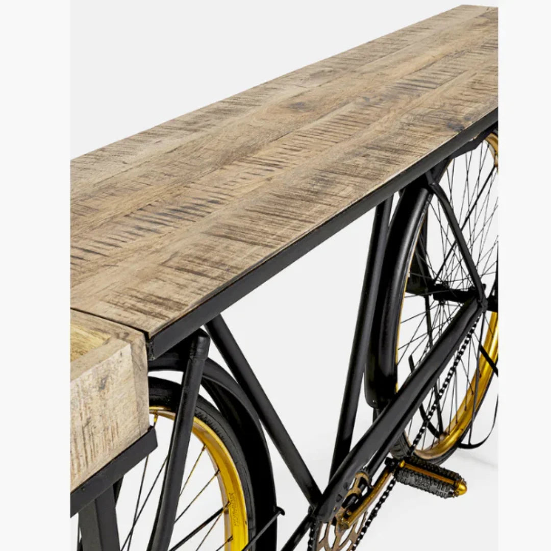 Cycle design living room console table with sleek metal frame and wooden top by Foxfurn model LBC-302