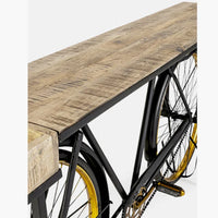 Cycle design living room console table with sleek metal frame and wooden top by Foxfurn model LBC-302