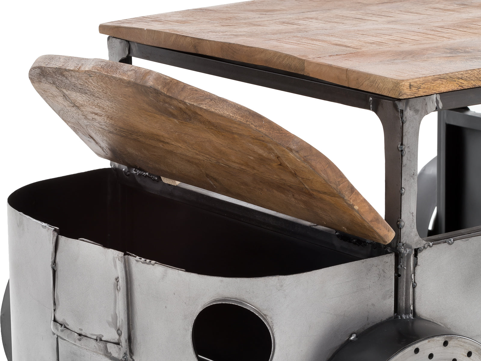 Vintage car coffee table with metal frame and wooden top.