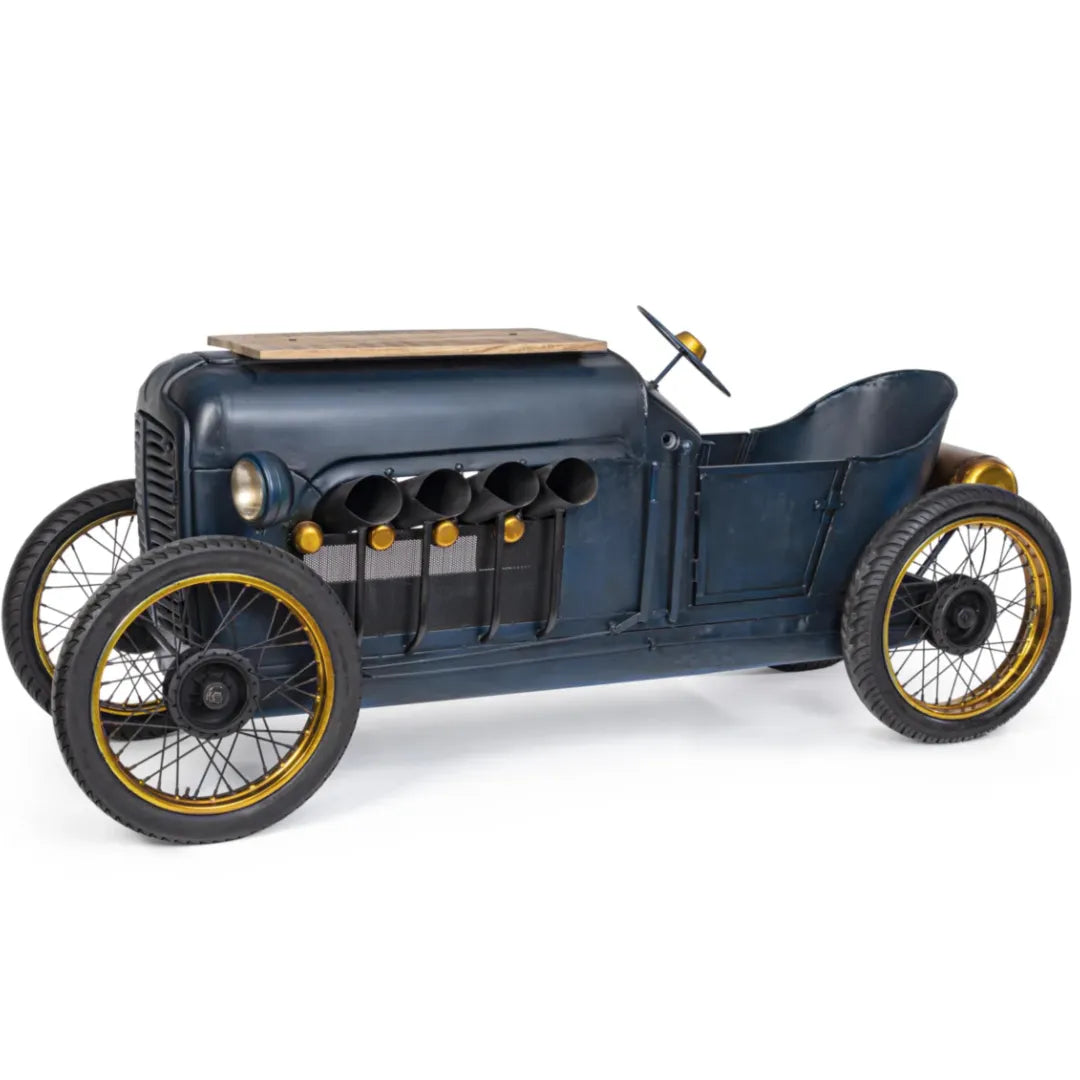 Racing theme bar counter with bold design, bottle storage and durable wooden and iron build by Foxfurn
