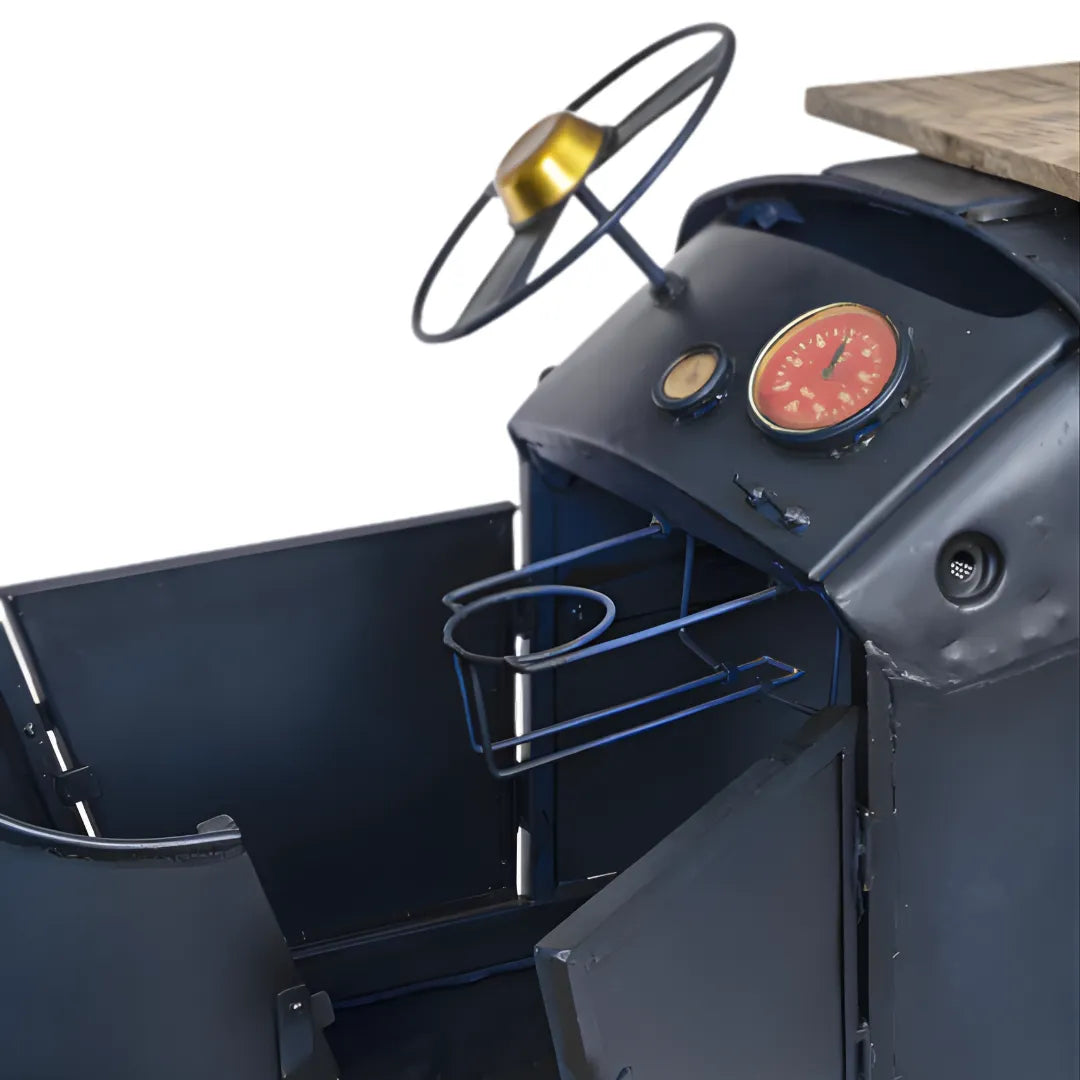 Racing theme bar counter with bold design, bottle storage and durable wooden and iron build by Foxfurn