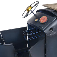 Racing theme bar counter with bold design, bottle storage and durable wooden and iron build by Foxfurn