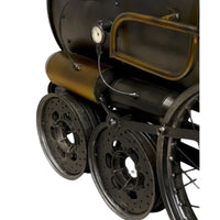 Railway engine inspired bar counter with industrial metal and wood finish, unique design by Foxfurn