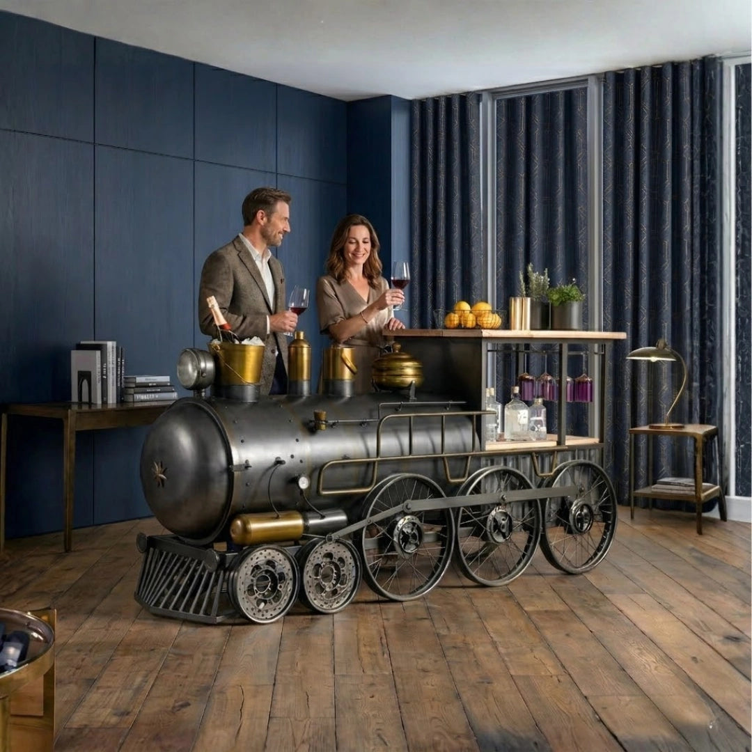 Railway engine themed bar counter with vintage industrial design, storage shelves and metal finish by Foxfurn