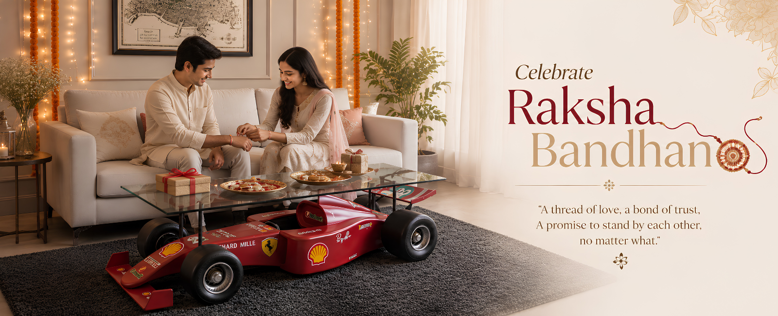 Raksha Bandhan celebration featuring an F1 racing car coffee table in a warm festive living room.