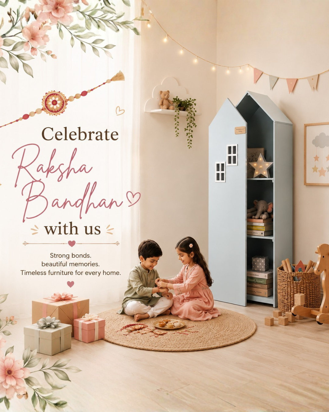 Raksha Bandhan celebration with kids beside a house-shaped storage cabinet in a warm festive room