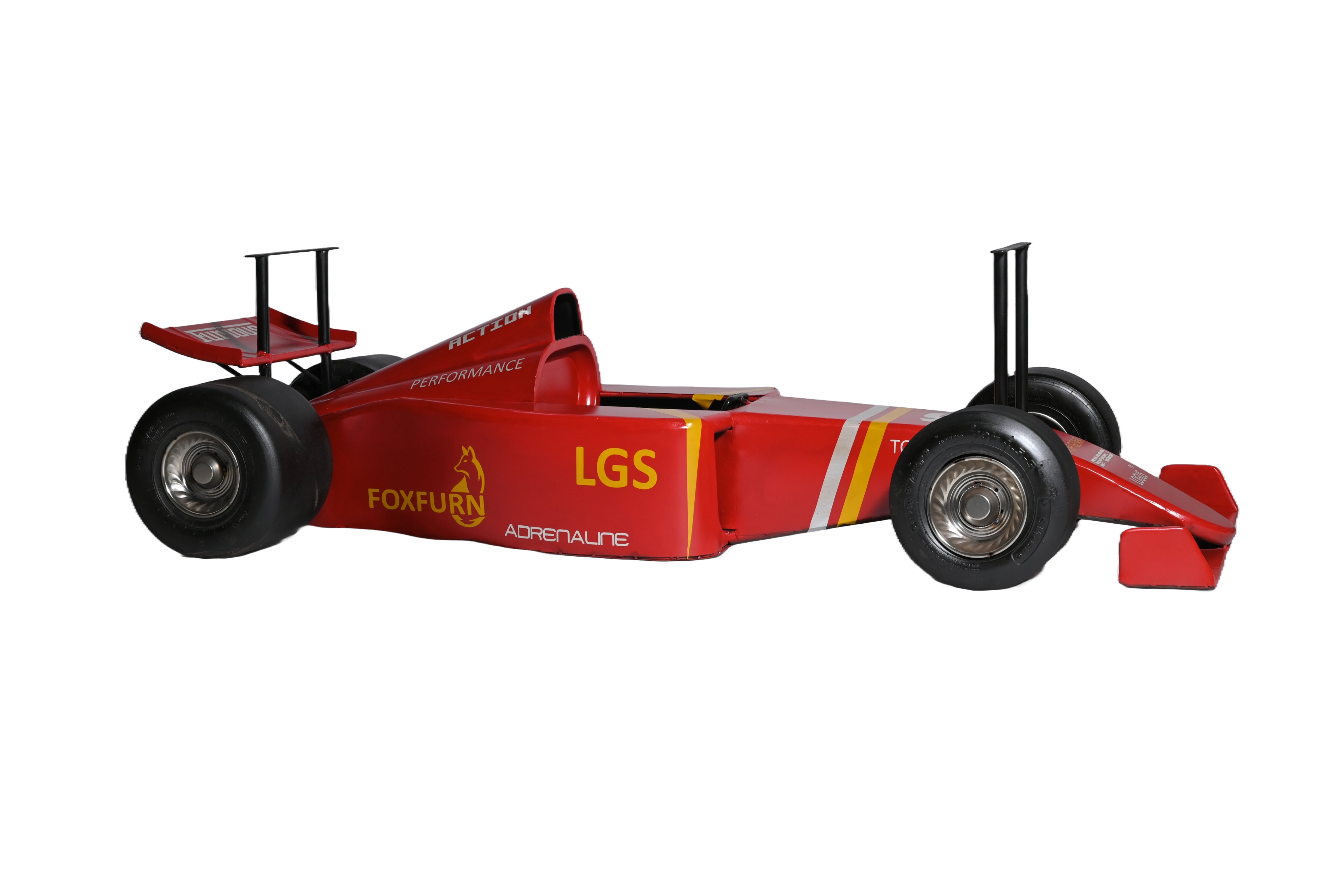 Red race car coffee table with realistic features and branding.