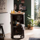 Round tank bull cart style bar cabinet with rustic wooden finish and storage space for bottles and glasses