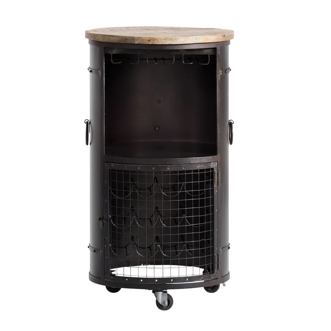 Round tank bull cart style bar cabinet with rustic wooden finish and storage space for bottles and glasses