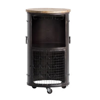 Round tank bull cart style bar cabinet with rustic wooden finish and storage space for bottles and glasses