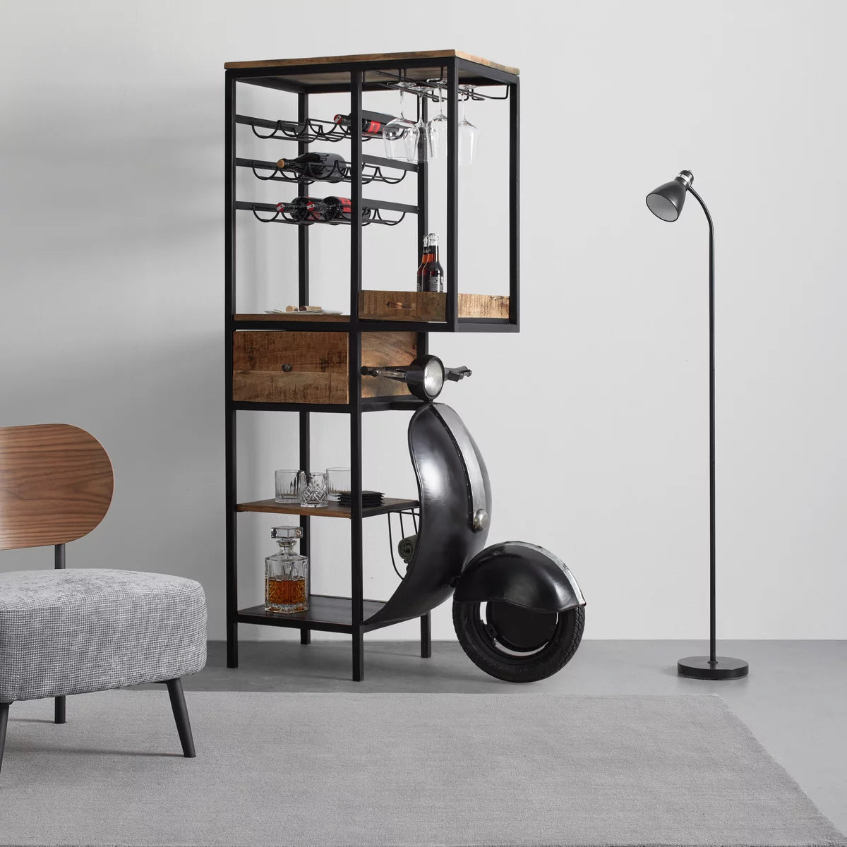 Modern cabinet with a scooter-shaped base and wine storage.