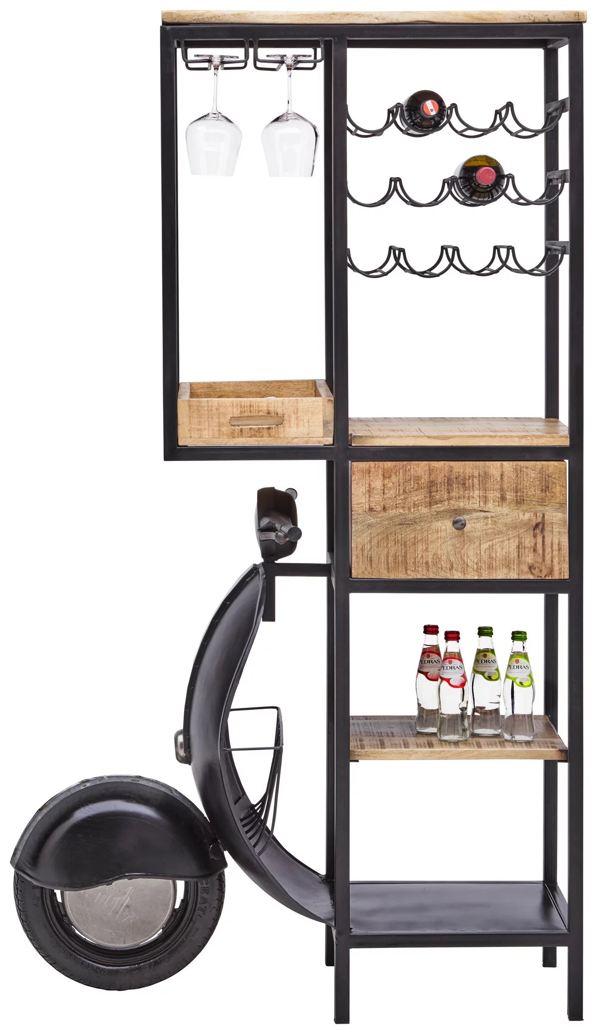 Bar cabinet with a scooter-shaped base, with wine racks, glass holders, and storage shelves.