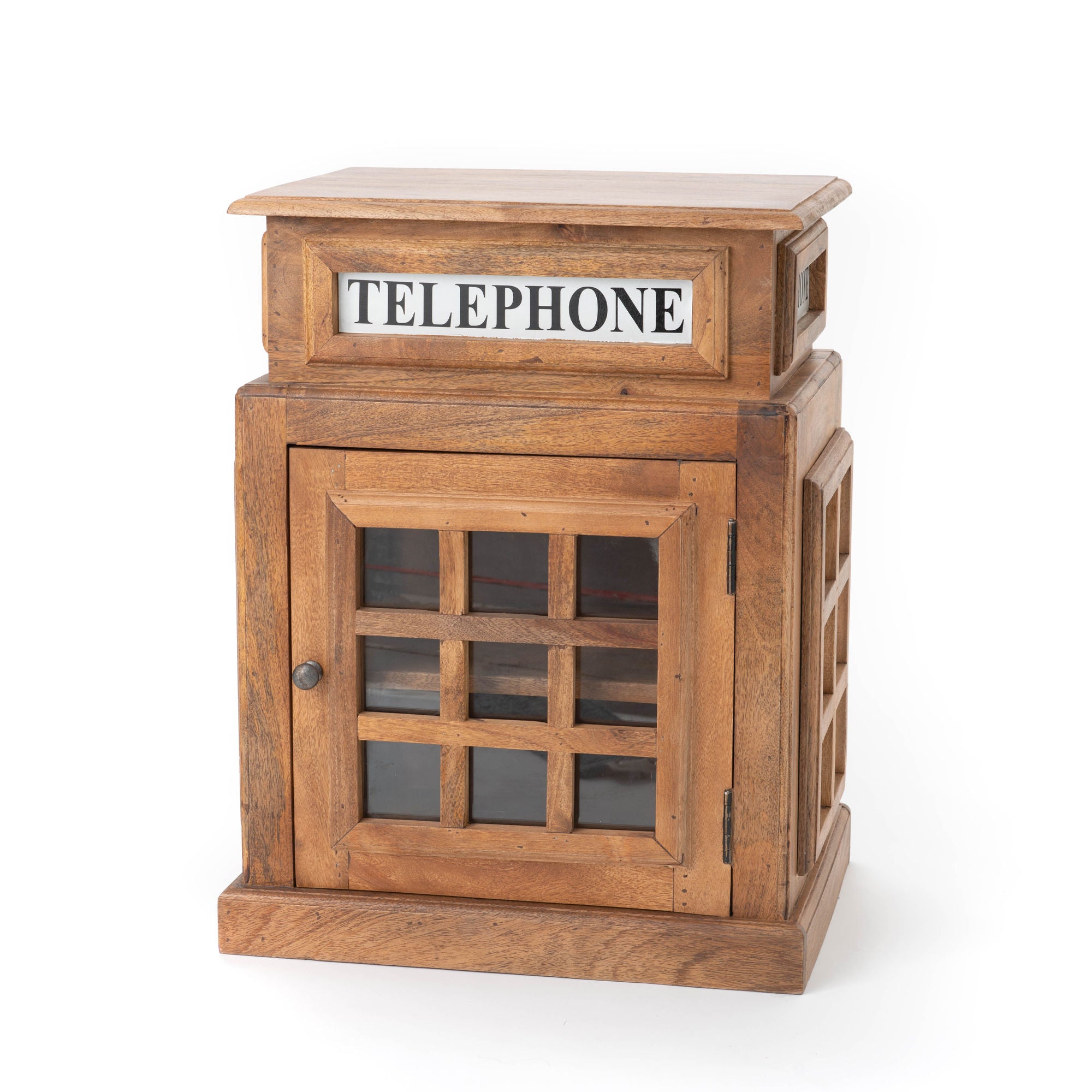 Wooden telephone booth with glass door on a white background