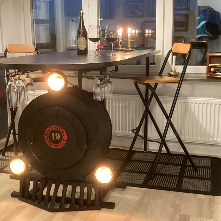 Industrial train engine bar cabinet with wood top