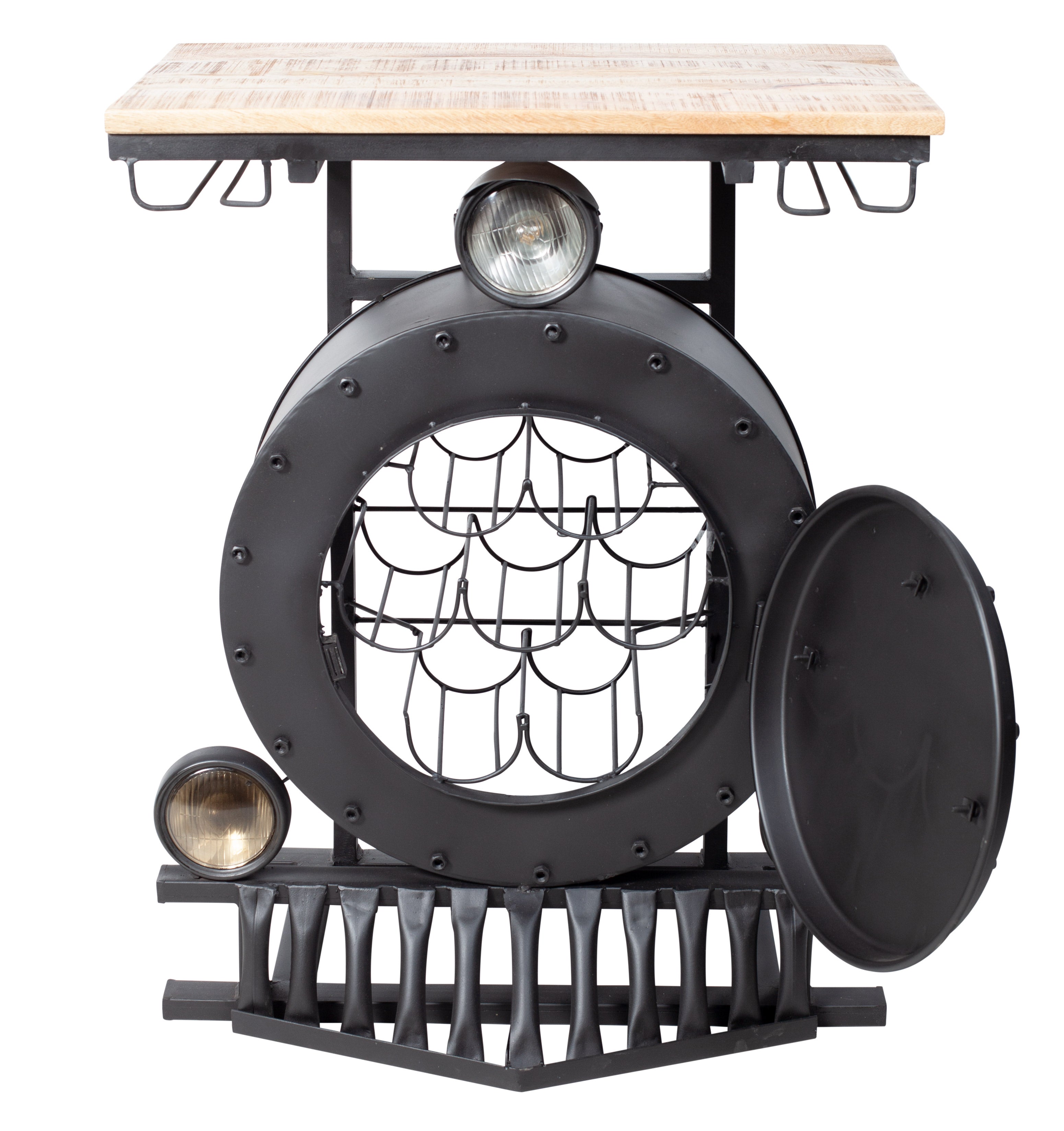 Black train engine bar cabinet with bottle holders