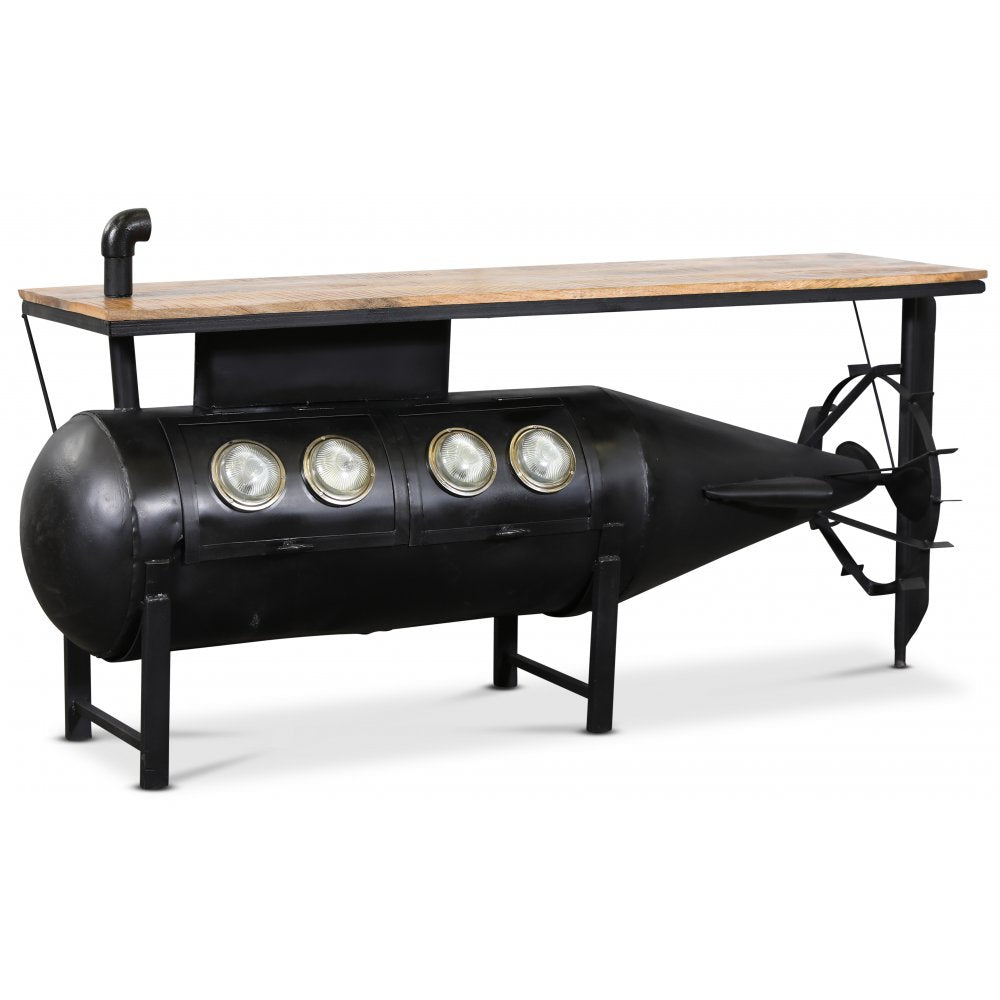 Industrial torpedo-shaped console table with a wooden top.