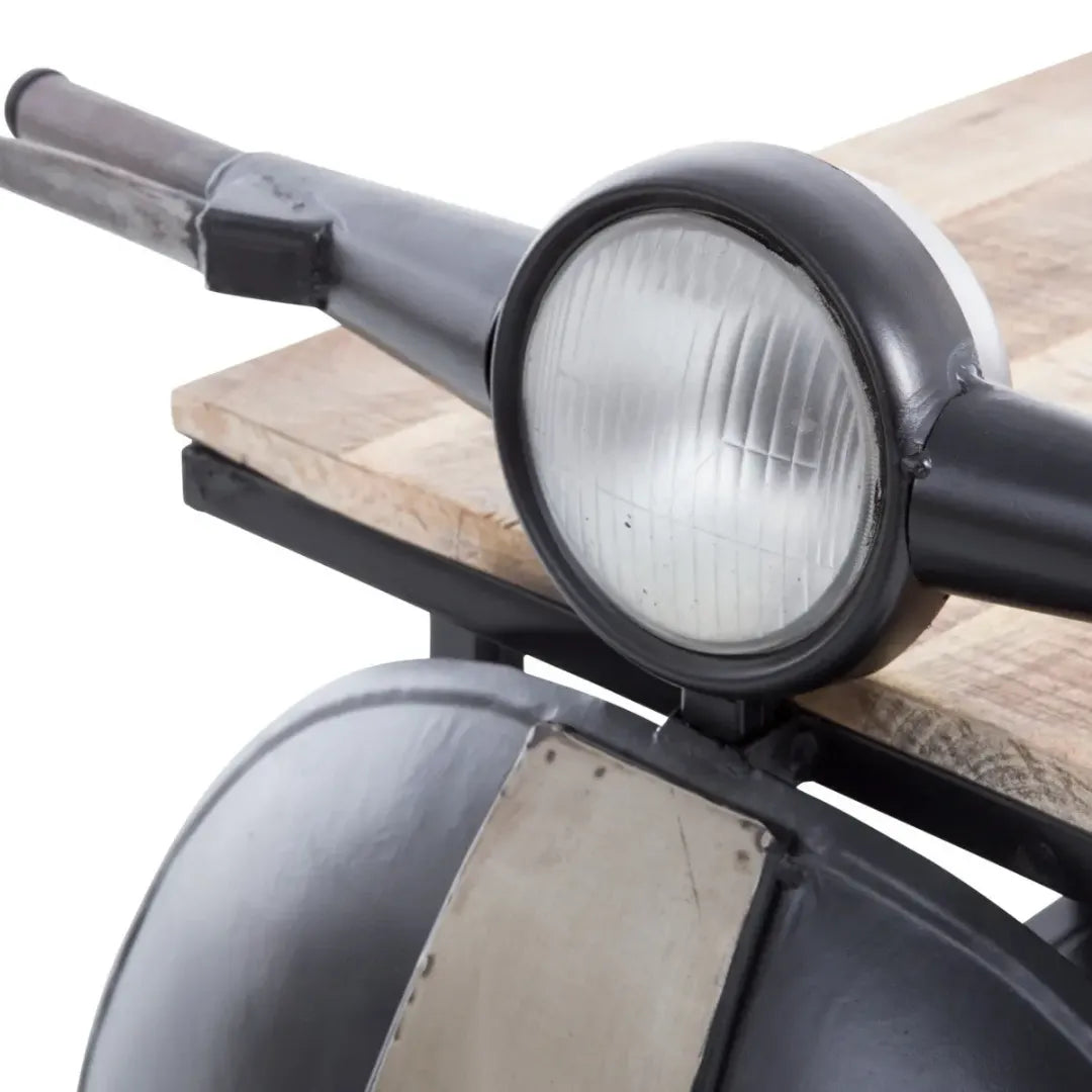 Mini scooter bar counter with storage featuring vintage design, wooden finish and bottle holder by Foxfurn