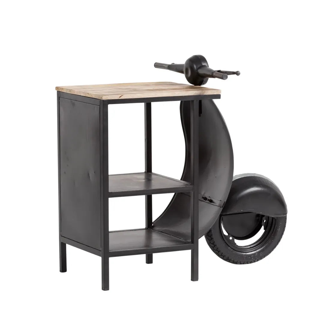 Mini scooter bar counter with storage featuring vintage design, wooden finish and bottle holder by Foxfurn
