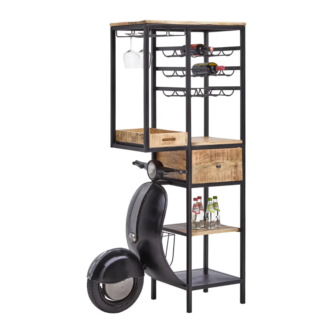 Vintage scooter design wall shelf with wooden storage compartments for stylish home decor by Foxfurn