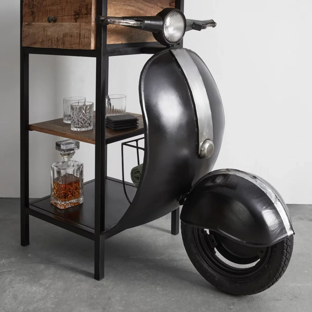 Vintage scooter design wall shelf with wooden storage compartments for stylish home decor by Foxfurn