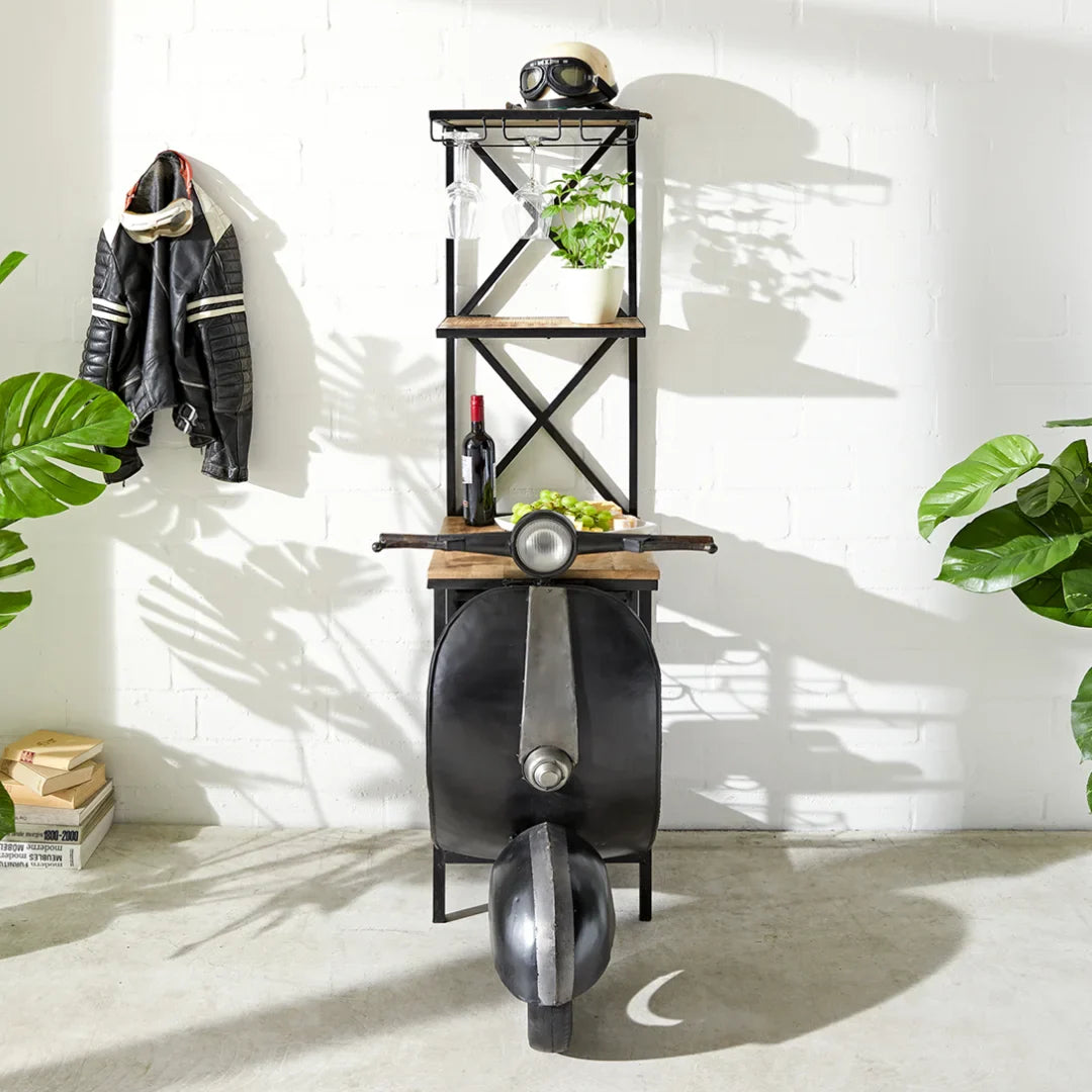 Retro scooter bar shelf furniture with bottle storage and vintage design