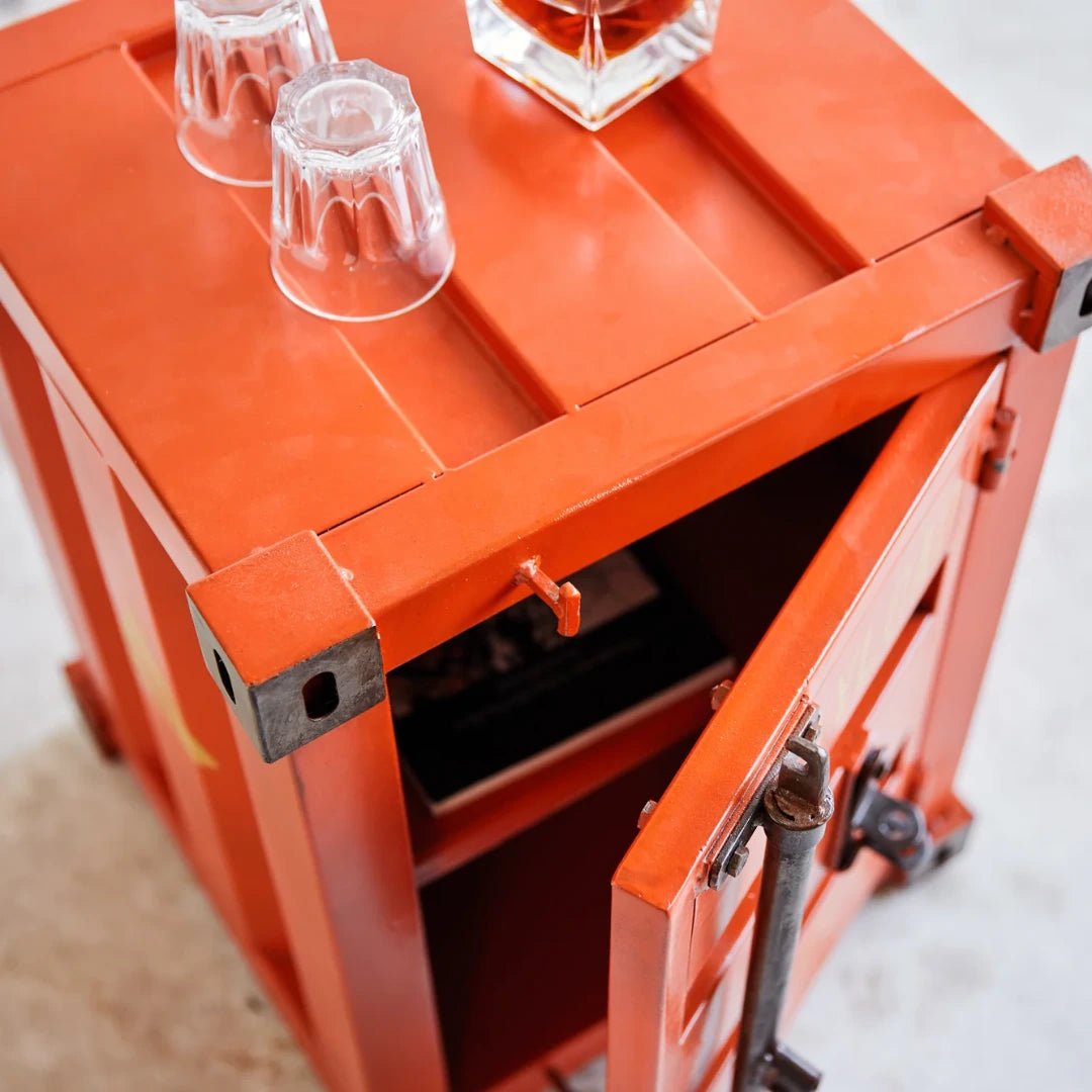 Modern container side table with storage space and sleek industrial design by Foxfurn for living room use
