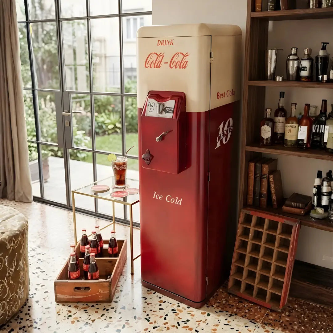 Compact vending machine style cabinet with storage shelves for home bar and modern interior setup by Foxfurn