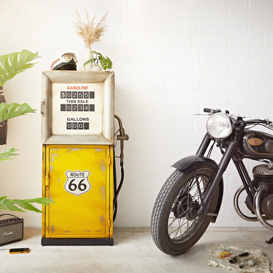 Square petrol pump style bar cabinet with shelves and storage, vintage industrial design by Foxfurn