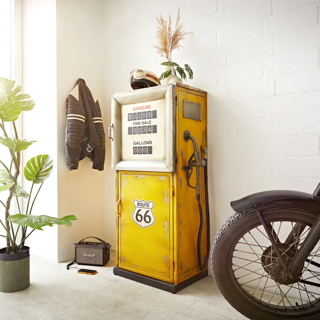 Square petrol pump style bar cabinet with shelves and storage, vintage industrial design by Foxfurn