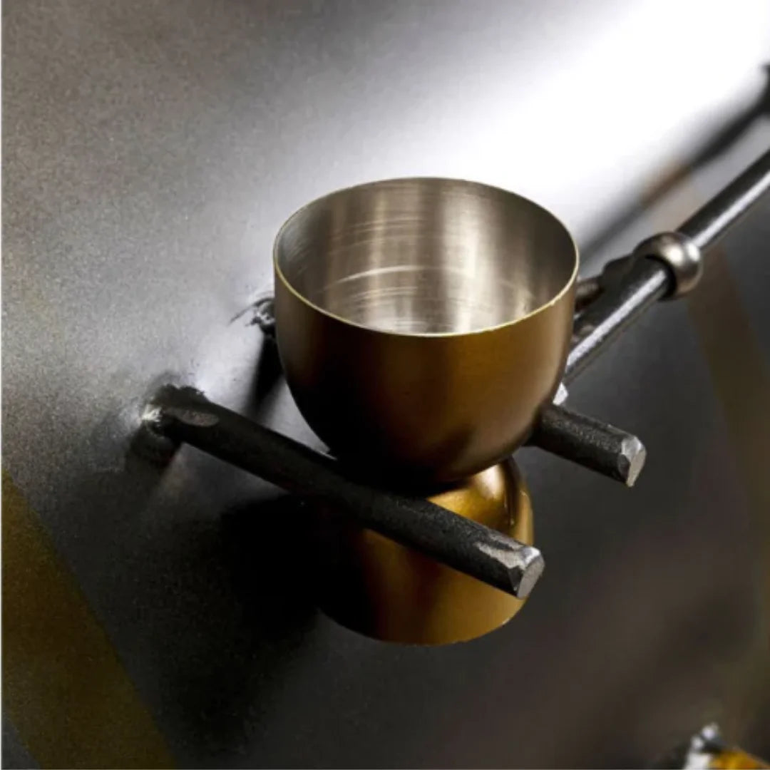 Railway engine inspired bar counter with industrial metal and wood finish, unique design by Foxfurn