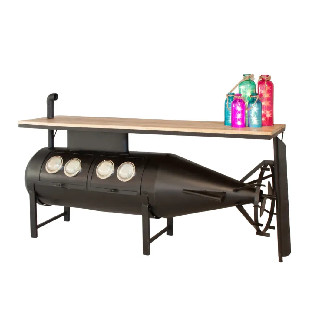 Marine theme bar counter with nautical design, wooden finish and storage shelves for stylish living room decor