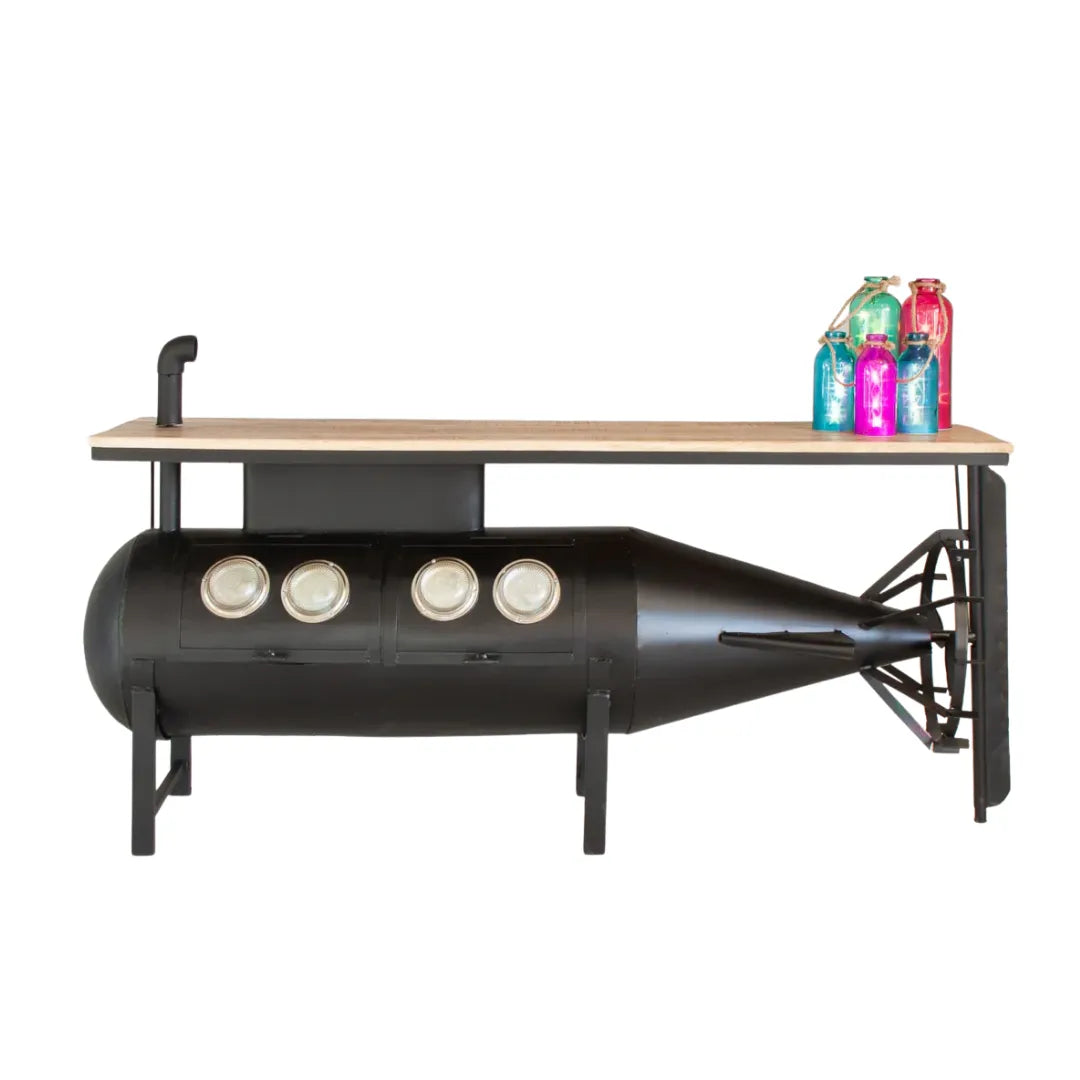 Marine theme bar counter with nautical design, wooden finish and storage shelves for stylish living room decor