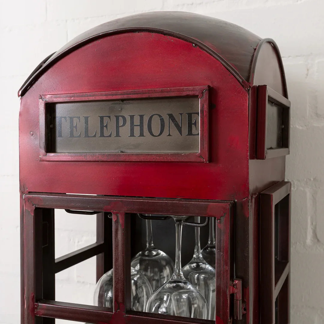 Vintage telephone booth bar cabinet with storage shelves, wooden finish, and unique design by Foxfurn India