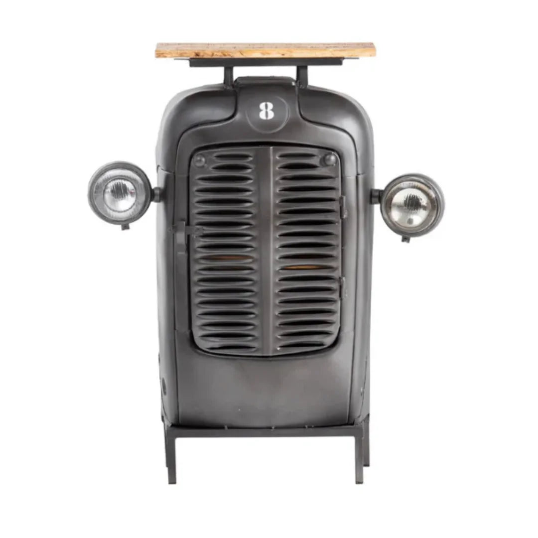 Vintage tractor style bar table with built in storage, perfect for stylish home bar setup and rustic decor