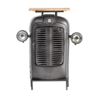 Vintage tractor style bar table with built in storage, perfect for stylish home bar setup and rustic decor