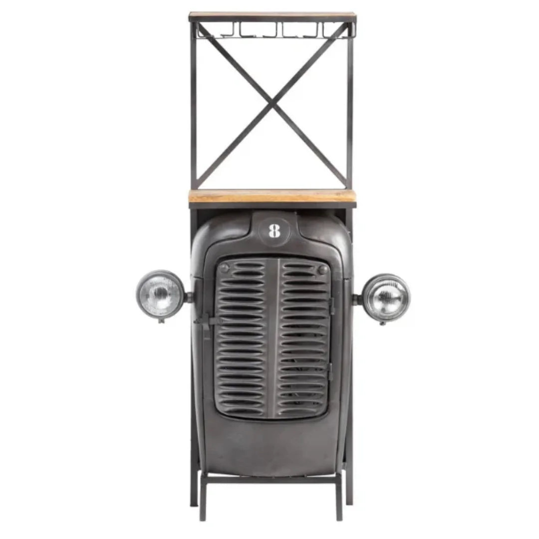  Rustic tractor inspired bar table with storage cabinet, perfect for modern and vintage style interiors