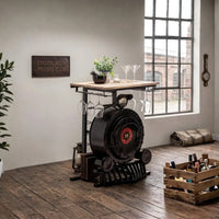 Classic steam engine bar cabinet with vintage train design, wooden finish and storage for bottles and glasses