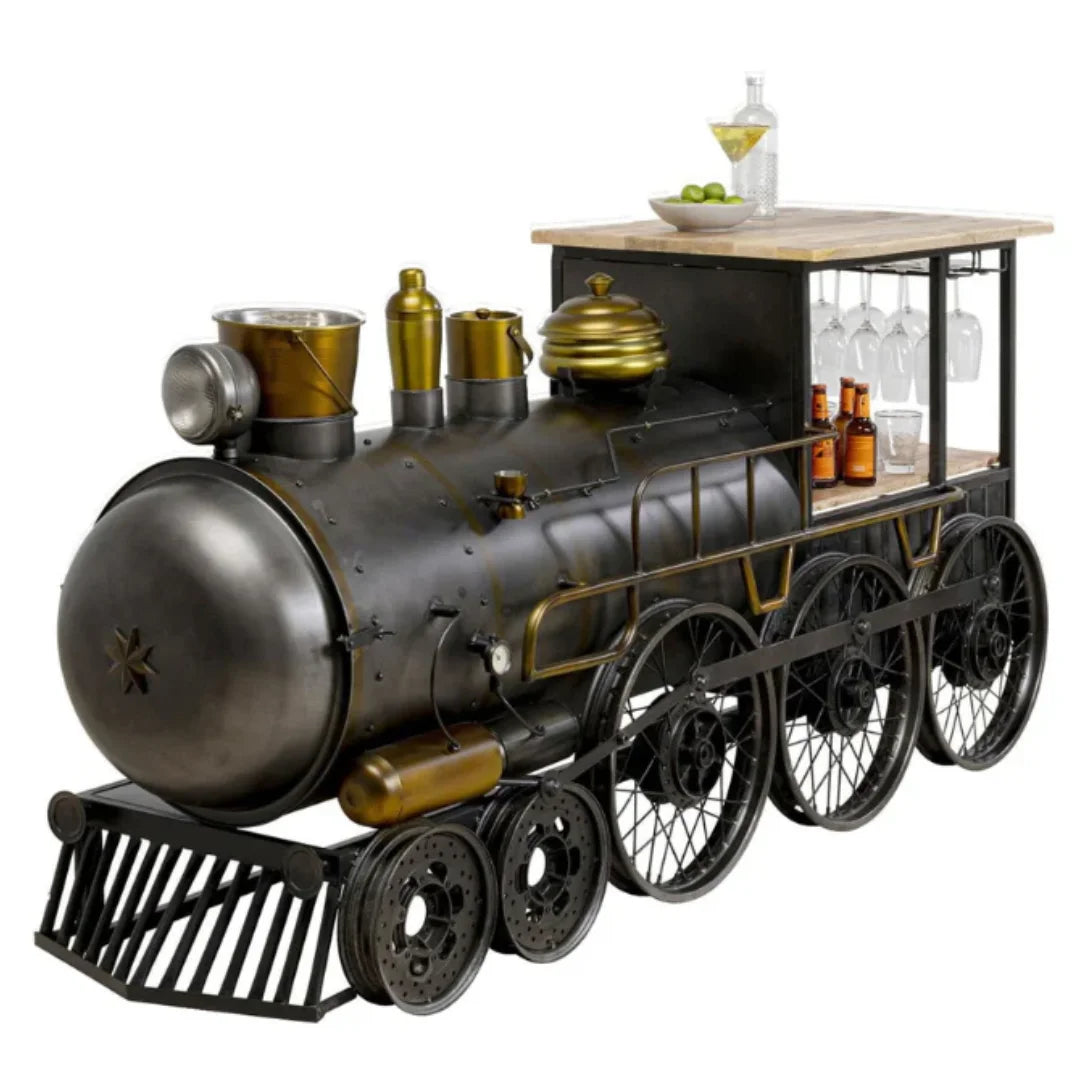 Railway engine inspired bar counter with industrial metal and wood finish, unique design by Foxfurn